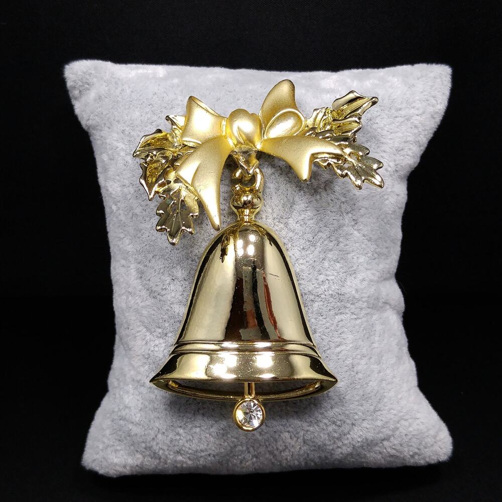 Christmas Bow & Bell Brooch, Articulated Rhinestone Ringer, 1960s Vintage